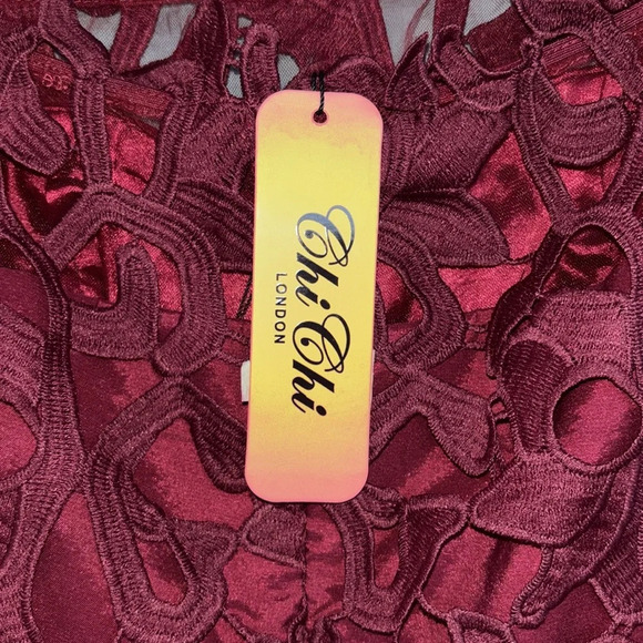 NWT Chi Chi London Bardot Neck Lace Crochet Design Midi Dress in Dark Red Sz 8 - Picture 3 of 8